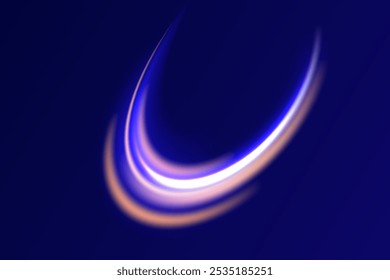 Neon glowing lines, spiral effect, fast car speed. Speed light streaks vector background with blurred fast moving light effect, blue purple colors on black.