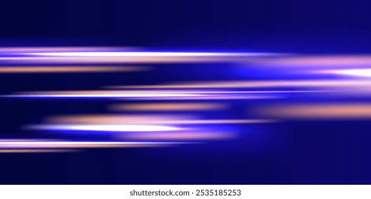 Neon glowing lines, spiral effect, fast car speed. Speed light streaks vector background with blurred fast moving light effect, blue purple colors on black.