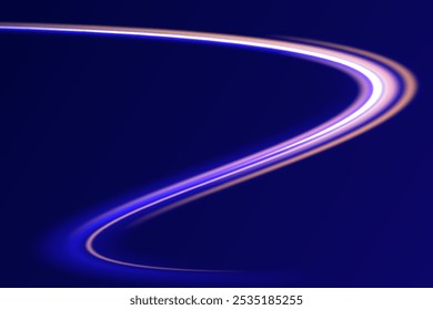 Neon glowing lines, spiral effect, fast car speed. Speed light streaks vector background with blurred fast moving light effect, blue purple colors on black.