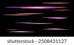 Neon glowing lines, synthwave purple and orange, light effect. Abstract techno background, horizontal streaks, dynamic and speed. Vector illustration, isolated strips on dark background