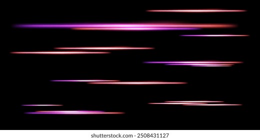 Linhas brilhantes de néon, ondas sintéticas roxo e laranja, efeito de luz. Fundo tecno abstrato, listras horizontais, dinâmico e velocidade. Ilustração vetorial, tiras isoladas sobre fundo escuro