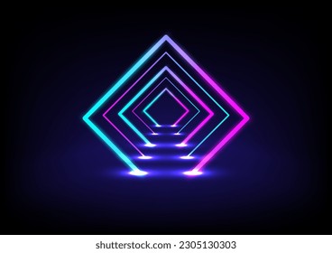 Neon glowing lines, tunnel, led stage. Abstract science futuristic technology background. Pink and blue square neon corridor, perspective.  Vector illustration.