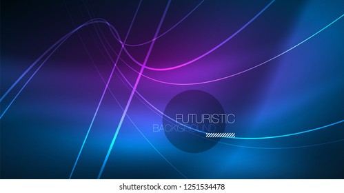 Neon glowing magic background, neon banner, night sky wallpaper. Magic light vector effect. Christmas abstract pattern.