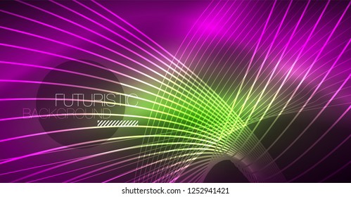 Neon glowing magic background, neon banner, night sky wallpaper. Magic light vector effect. Christmas abstract pattern.