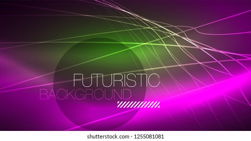 Neon glowing magic background, neon banner, night sky wallpaper. Magic light vector effect. Christmas abstract pattern.