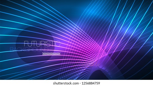 Neon glowing magic background, neon banner, night sky wallpaper. Magic light vector effect. Christmas abstract pattern.