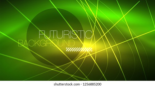 Neon glowing magic background, neon banner, night sky wallpaper. Magic light vector effect. Christmas abstract pattern.