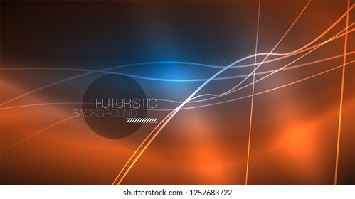 Neon glowing magic background, neon banner, night sky wallpaper. Magic light vector effect. Christmas abstract pattern.