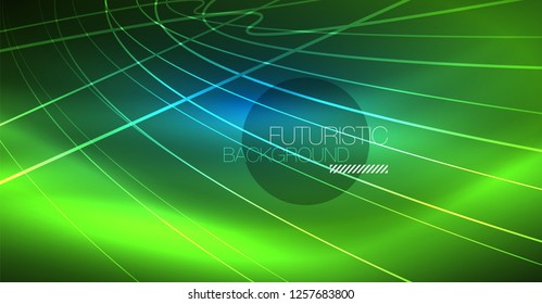 Neon glowing magic background, neon banner, night sky wallpaper. Magic light vector effect. Christmas abstract pattern.