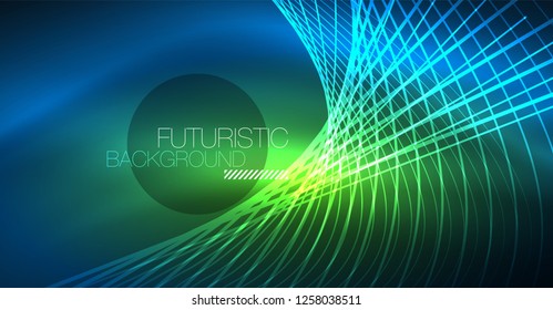 Neon glowing magic background, neon banner, night sky wallpaper. Magic light vector effect. Christmas abstract pattern.