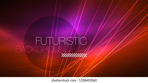 Neon glowing magic background, neon banner, night sky wallpaper. Magic light vector effect. Christmas abstract pattern.