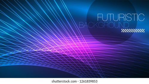 Neon glowing magic background, neon banner, night sky wallpaper. Magic light vector effect. Christmas abstract pattern.