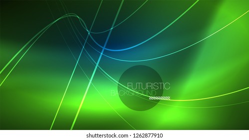 Neon glowing magic background, neon banner, night sky wallpaper. Magic light vector effect. Christmas abstract pattern.