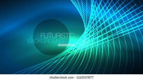 Neon glowing magic background, neon banner, night sky wallpaper. Magic light vector effect. Christmas abstract pattern.