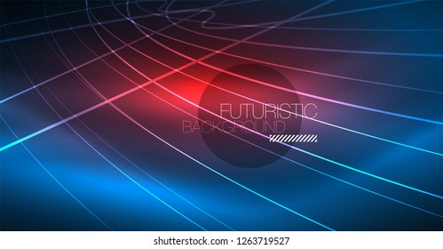 Neon glowing magic background, neon banner, night sky wallpaper. Magic light vector effect. Christmas abstract pattern.