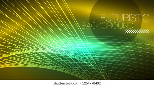 Neon glowing magic background, neon banner, night sky wallpaper. Magic light vector effect. Christmas abstract pattern.