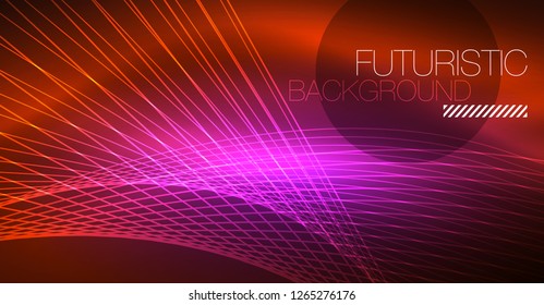 Neon glowing magic background, neon banner, night sky wallpaper. Magic light vector effect. Christmas abstract pattern.