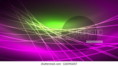 Neon glowing magic background, neon banner, night sky wallpaper. Magic light vector effect. Christmas abstract pattern.