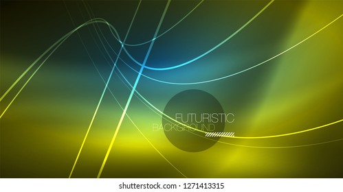 Neon glowing magic background, neon banner, night sky wallpaper. Magic light vector effect. Christmas abstract pattern.