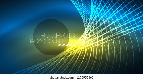 Neon glowing magic background, neon banner, night sky wallpaper. Magic light vector effect. Christmas abstract pattern.