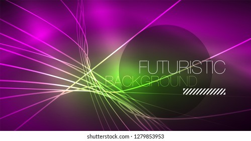 Neon glowing magic background, neon banner, night sky wallpaper. Magic light vector effect. Christmas abstract pattern.