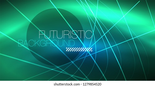 Neon glowing magic background, neon banner, night sky wallpaper. Magic light vector effect. Christmas abstract pattern.