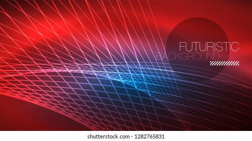 Neon glowing magic background, neon banner, night sky wallpaper. Magic light vector effect. Christmas abstract pattern.