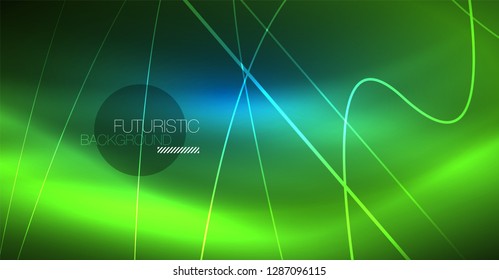 Neon glowing magic background, neon banner, night sky wallpaper. Magic light vector effect. Christmas abstract pattern.