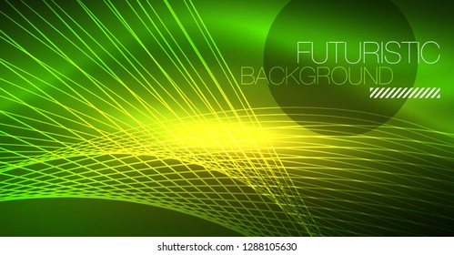 Neon glowing magic background, neon banner, night sky wallpaper. Magic light vector effect. Christmas abstract pattern.