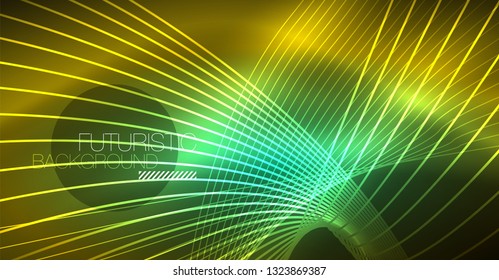 Neon glowing magic background, neon banner, night sky wallpaper. Magic light vector effect. Christmas abstract pattern.