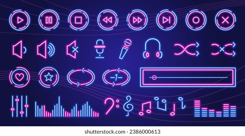 Neon glowing music icons, audio, sound, records, music players and music keys signs and symbols, user interface digital design elements and buttons. Vector illustration.