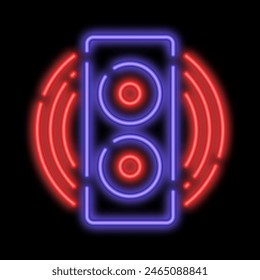 Neon glowing musical speaker for playing music with sound waves. Disco equipment. Night advertising sign element. Glowing neon icon isolated on black background