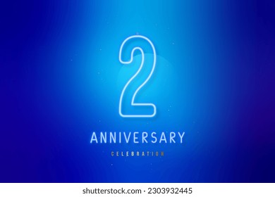 Neon glowing Number 2. Two Year Anniversary Celebration blue neon sign. Design template for invitation or greeting card.