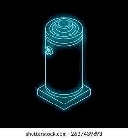 Neon glowing outline of a cylinder with a power button, suggesting a technological device or concept
