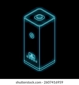 Neon glowing outline icon of a modern electric water heater with temperature control on a black background