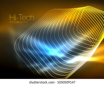 Neon glowing outline squares in dark, shiny light magic effect, geometric minimal template. Vector illustration