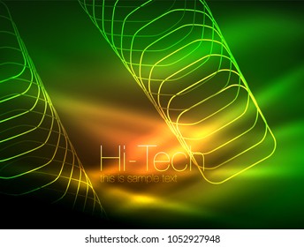 Neon glowing outline squares in dark, shiny light magic effect, geometric minimal template. Vector illustration