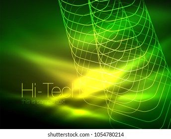 Neon glowing outline squares in dark, shiny light magic effect, geometric minimal template. Vector illustration