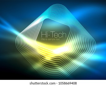 Neon glowing outline squares in dark, shiny light magic effect, geometric minimal template. Vector illustration