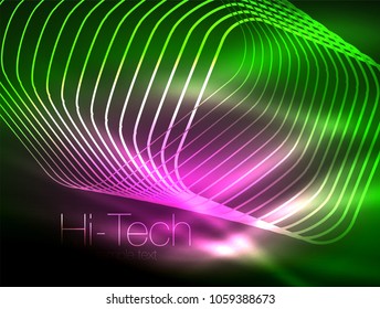 Neon glowing outline squares in dark, shiny light magic effect, geometric minimal template. Vector illustration