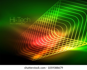 Neon glowing outline squares in dark, shiny light magic effect, geometric minimal template. Vector illustration