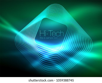 Neon glowing outline squares in dark, shiny light magic effect, geometric minimal template. Vector illustration