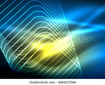Neon glowing outline squares in dark, shiny light magic effect, geometric minimal template. Vector illustration
