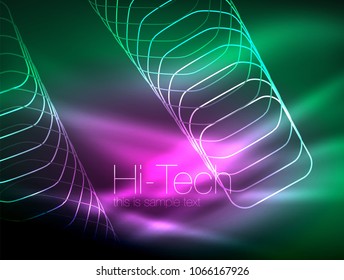 Neon glowing outline squares in dark, shiny light magic effect, geometric minimal template. Vector illustration
