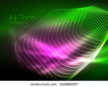 Neon glowing outline squares in dark, shiny light magic effect, geometric minimal template. Vector illustration
