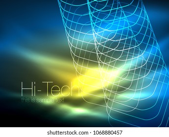 Neon glowing outline squares in dark, shiny light magic effect, geometric minimal template. Vector illustration