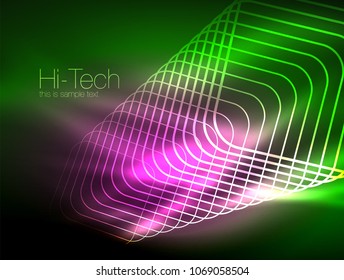 Escuadrones de contorno neón brillantes en efecto mágico de luz oscura, plancha mínima geométrica. Ilustración del vector