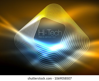 Neon glowing outline squares in dark, shiny light magic effect, geometric minimal template. Vector illustration