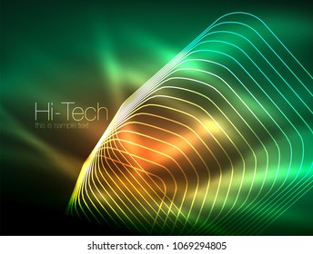 Escuadrones de contorno neón brillantes en efecto mágico de luz oscura, plancha mínima geométrica. Ilustración del vector