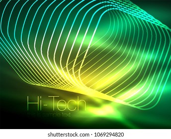 Neon glowing outline squares in dark, shiny light magic effect, geometric minimal template. Vector illustration